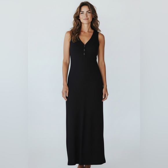 Express Black Ribbed Maxi Dress Sleeveless Button V-Neck Size XS - Picture 3 of 7